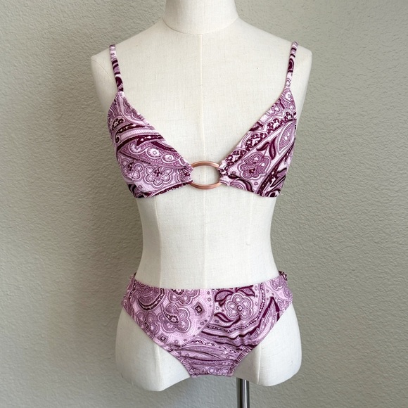 Vintage Kenneth Cole Mid Rise Pink and Purple Paisley Bikini Swimsuit - Picture 1 of 8